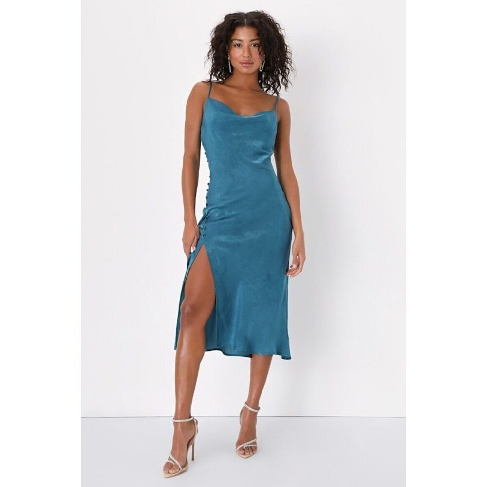 Lulus Slinking Out Loud Teal Satin Side Button Slip Dress Blue - Size XS